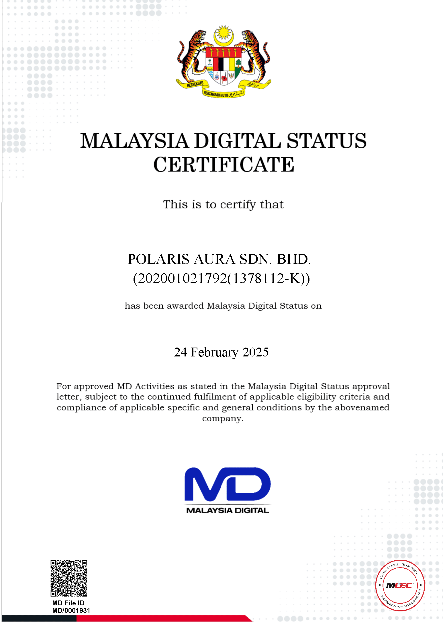 Malaysia Digital Status Certificate awarded to Polaris Aura Sdn. Bhd.